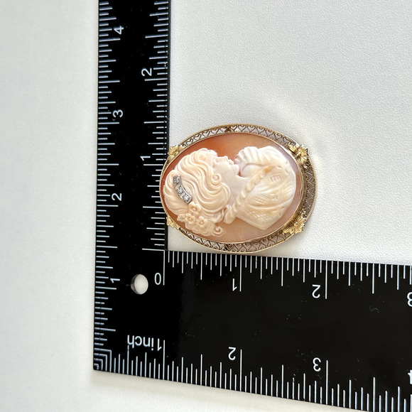Vintage 14K Yellow Gold Large Hand Carved Shell Cameo Diamond Brooch Pin Pendant - Picture 8 of 11
